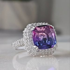 Pink & Purple Gemstone Cushion Square Ring, real 925 Sterling Silver